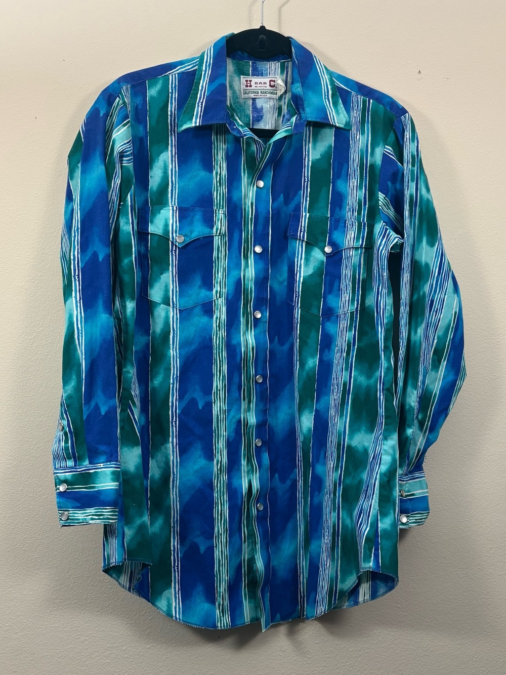 Vintage H Bar C Ranchwear Western Shirtโ Mens S 15-33 blue Pearl Snap Cowboy 70s